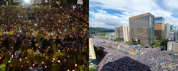 지난달 28일 서초동 촛불집회(왼쪽)와 이달 3일 광화문 집회(사진=빅터뉴스DB)
