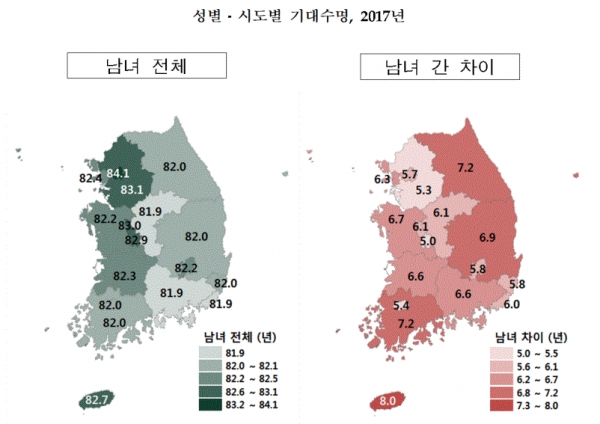 성별 시도별 기대수명, 2017년(그림=통계청)