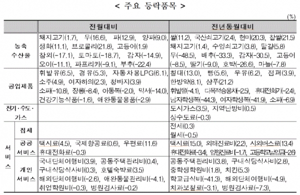 5월 소비자물가 주요 등락품목(표=통계청)