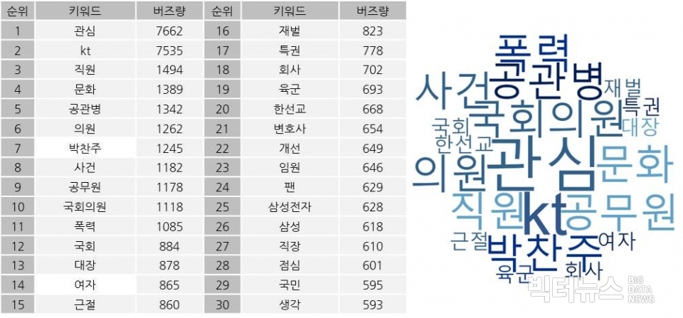 5월 갑질 연관어 상위 30개. 분석기간=2019년 5월 1일부터 31일까지. 분석도구=소셜 메트릭스