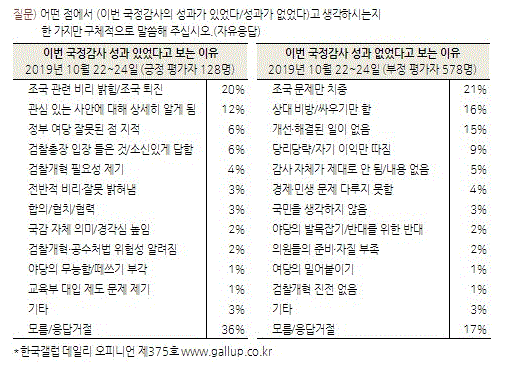 2019년 국정감사 성과 유무의 이유(표=한국갤럽)