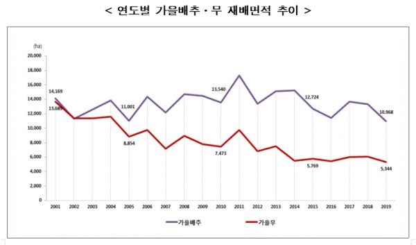 연도별 가을배추 무 재배면적 추이(그림=통계청)