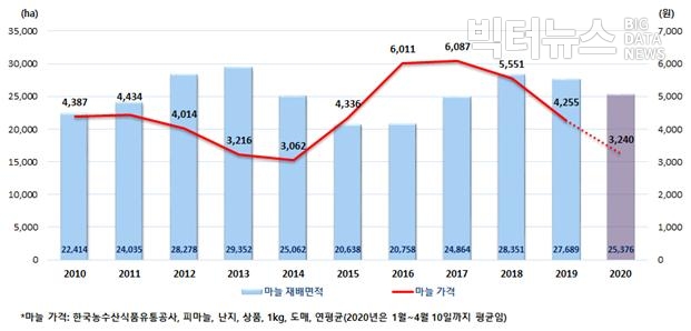 그림=통계청 '2020년 마늘, 양파 재배면적조사(2020.4.20)' 마늘 가격 및 재배면적