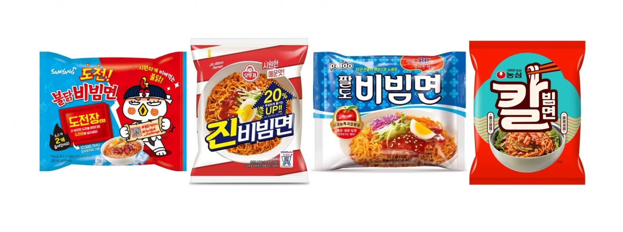 (왼쪽부터) 삼양 불닭비빔면, 오뚜기 진비빔면, 팔도비빔면, 농심 칼빔면. (사진 : 각사제공)