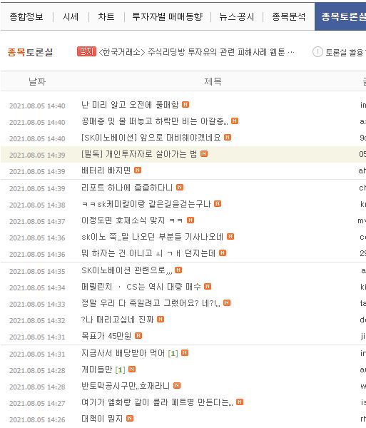 네이버 SK이노베이션 종목 게시판 캡쳐